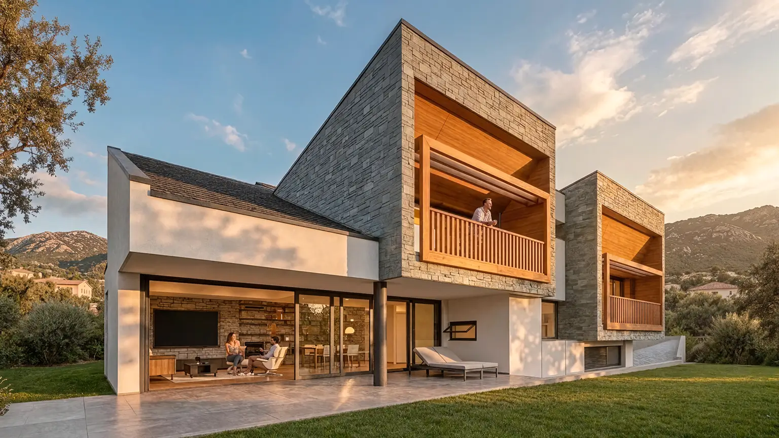 Vivienda unifamiliar en la Sierra de Madrid orientada al sur con fachada de piedra natural, balcones de madera, porche y jardín.