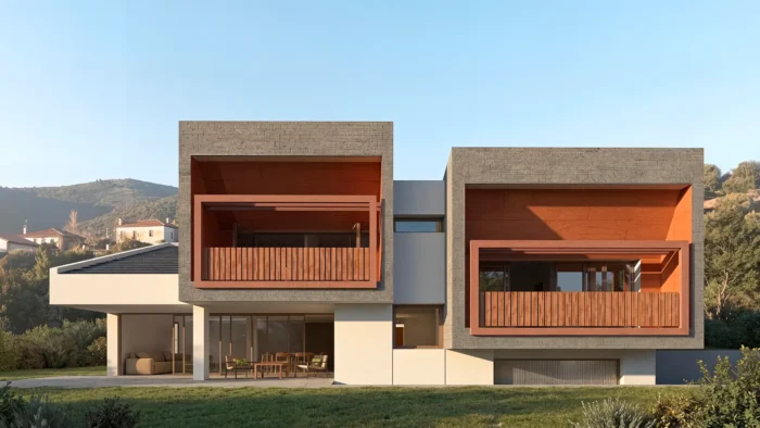 Fachada sur de vivienda unifamiliar en la Sierra de Madrid con revestimiento de piedra natural, embocaduras de madera y porche cubierto.